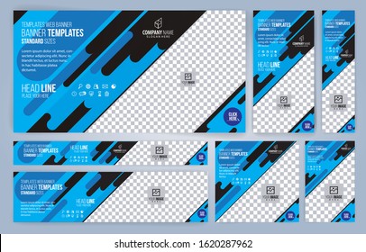Blue Web banners templates, standard sizes with space for photo, modern design