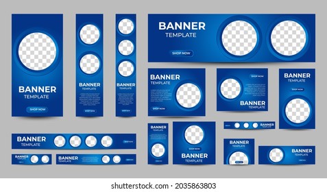 Plantillas de banners Web azules, tamaños estándar con espacio para fotos, diseño moderno. Fácilmente personalizable con folletos, informes anuales, revistas, carteles, medios publicitarios corporativos, volantes