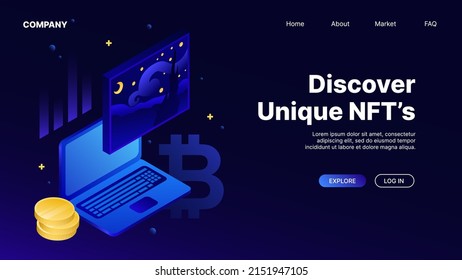 Blue Web Design Template, Landing page for NFT Selling Site. Vector illustration