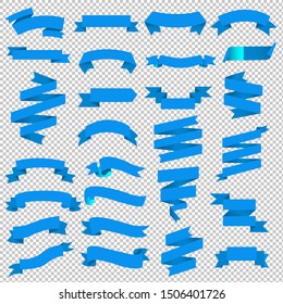 Blue Web Ribbon Big Set Transparent Background, Vector Illustration