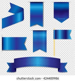 Blue Web Ribbons Collection, Isolated on Transparent Background, Vector Illustration
