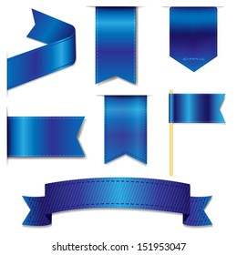 Blue ribbons. Wrapping silk ribbon banners and price tag badges vector By  Microvector