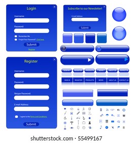 Blue web template with forms, bars, buttons and many icons.