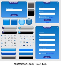 Blue web template with forms, bars, buttons and many icons.