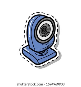 Cámara web azul. Cámara. Transmisión o videollamada. Dibujo de dibujos animados. Pegatinas e íconos sobre el tema del estilo de vida.