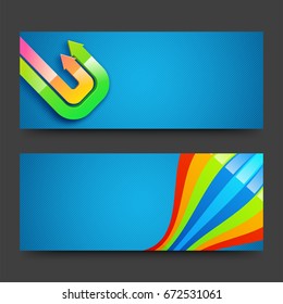 Cabeceras o banners azules del sitio web con flechas brillantes y franjas coloridas abstractas.