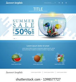 Blue website interface template for summer discounts and sales with round aquarium with fish