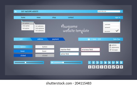 Blue website template on white background.