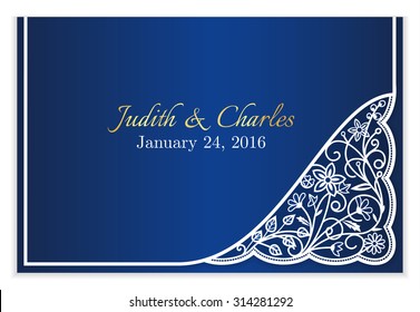 Blue wedding announcement with white floral lace