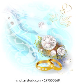 Blue Wedding background with rings and diamonds