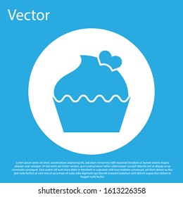 Blue Wedding cake with heart icon isolated on blue background. Valentines day symbol. White circle button. Vector Illustration