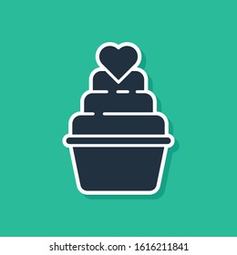 Blue Wedding cake with heart icon isolated on green background.  Vector Illustration