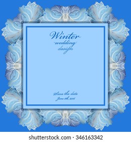 Blue wedding frame design. Winter frozen glass background. Text place. Vintage vector illustration.