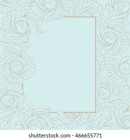 Blue wedding invitation card with abstract flower ornament. Asian style. Art Nouveau style.