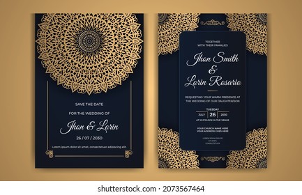 Blue wedding invitation card design with abstract mandala