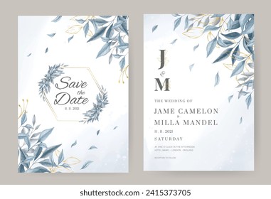 Blue wedding invitation card template and gold leave with watercolor background.