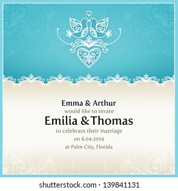 Blue wedding invitation design template with doves, hearts, flowers and geometrical lace ornament. Vector wedding card with text area. Design template for printing and web.
