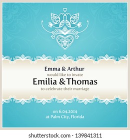 Blue wedding invitation design template with doves, hearts, flowers and geometrical lace ornament. Vector wedding card with text.