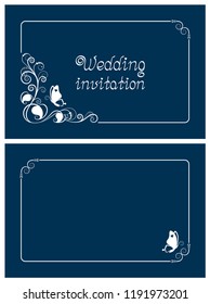 Blue wedding invitation, rsvp invite, thank you and save the date cards with floral design and butterfly. Horizontal card template for foil print