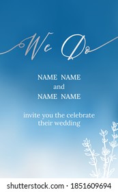 Blue wedding invitation with silver we do lettering. White flower hand-drawn in the corner. Gradient, doodle, lettering. Can be used as an invitation to a wedding, engagement, banners, card, printing.