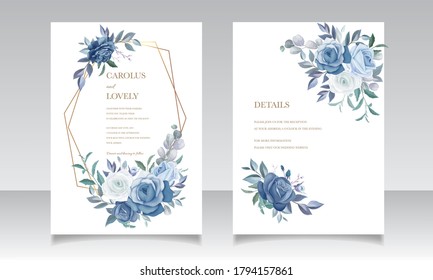 Blue wedding invitation template set with beautiful floral frame and border decoration