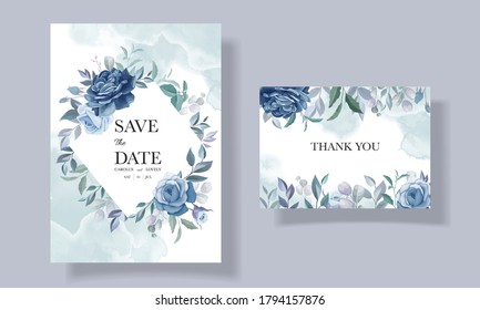 Blue wedding invitation template set with beautiful floral frame and border decoration