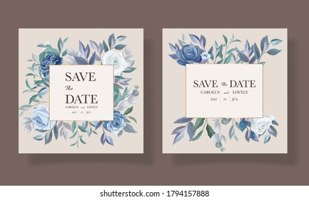 Blue wedding invitation template set with beautiful floral frame and border decoration