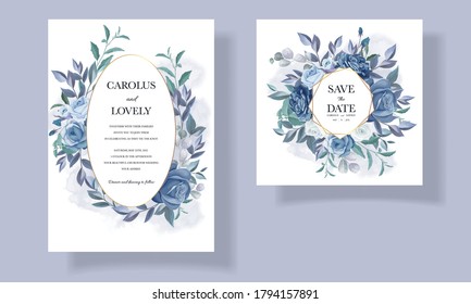 Blue wedding invitation template set with beautiful floral frame and border decoration