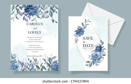 Blue wedding invitation template set with beautiful floral frame and border decoration