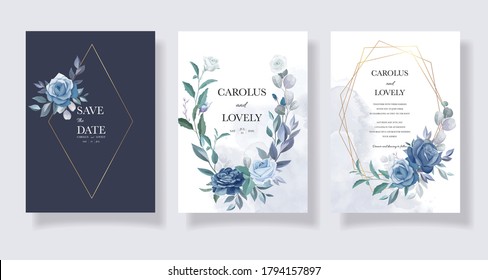 Blue wedding invitation template set with beautiful floral frame and border decoration