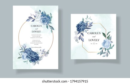 Blue wedding invitation template set with beautiful floral frame and border decoration