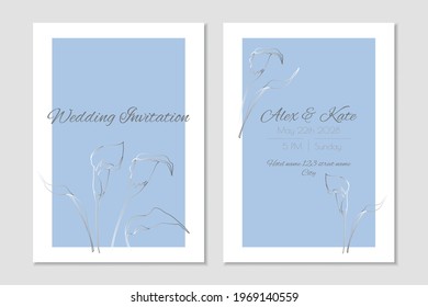 Plantilla de invitación a la boda azul con alirios de kale plateado. Vector, información y diseño lateral de la cubierta