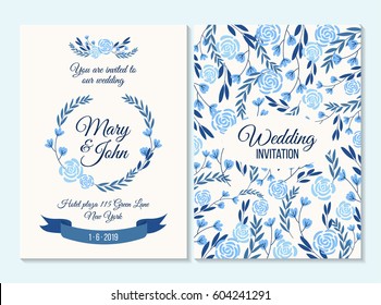 Blue Wedding invitation, thank you card, save the date card with flowers, rose, leaf, branch on white background. Elegant hipster rustic wedding invitation. Boho style.