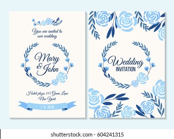 Blue Wedding invitation, thank you card, save the date card with flowers, rose, leaf, branch on white background. Elegant hipster rustic wedding invitation. Boho style.