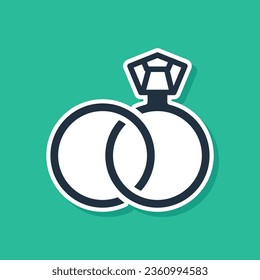 Blue Wedding rings icon isolated on green background. Bride and groom jewelry sign. Marriage symbol. Diamond ring.  Vector