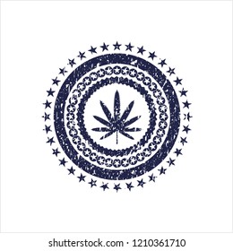 Blue weed leaf icon inside distress rubber seal with grunge texture