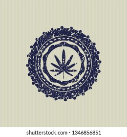 Blue weed leaf icon inside distressed rubber grunge texture stamp