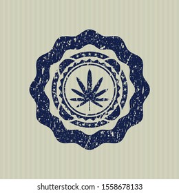 Blue weed leaf icon inside rubber grunge texture seal