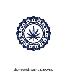 Icono de hoja de maleza azul dentro del sello de goma. 