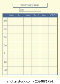 Blue weekly meal planner, health glider. Menu, food, To Do, schedule, self-care, to-do list.