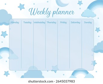Blue weekly planner for boys with sky elements like clouds, stars, and moon, perfect for kids’ schedule, notes, or school organization