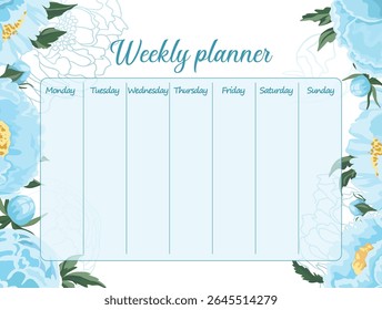 Blue weekly planner decorated with beautiful peonies flowers Elegant floral layout perfect for girls' schedule or notes