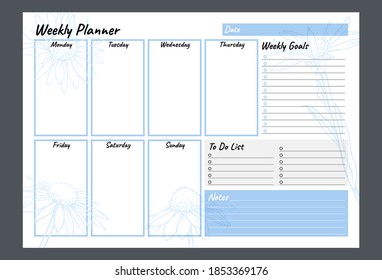 Blue weekly planner, notes, goals and to do list. Blue vector organizer template. 
