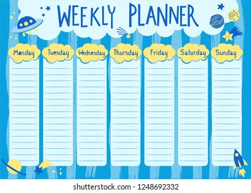 Blue weekly planner with planets, stars, rocket and alien spaceship. Kids schedule design template