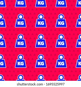Blue Weight icon isolated seamless pattern on red background. Kilogram weight block for weight lifting and scale. Mass symbol.  Vector Illustration