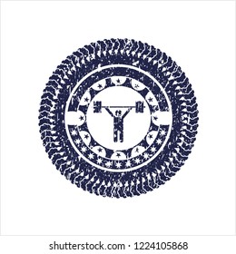 Blue weightlifting icon inside grunge seal
