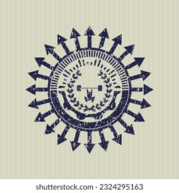 Halterofilia azul dentro del icono de la corona dentro de un sello grunge angustiado. 
