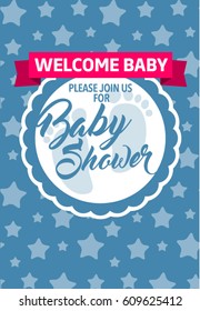 Blue welcome baby shower invitation card with chevron pattern, pink ribbon and text please join us. for boy. 