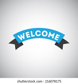 Blue welcome ribbon on gray background