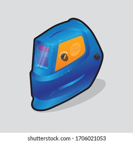 Blue welding mask with an orange sticker on the side